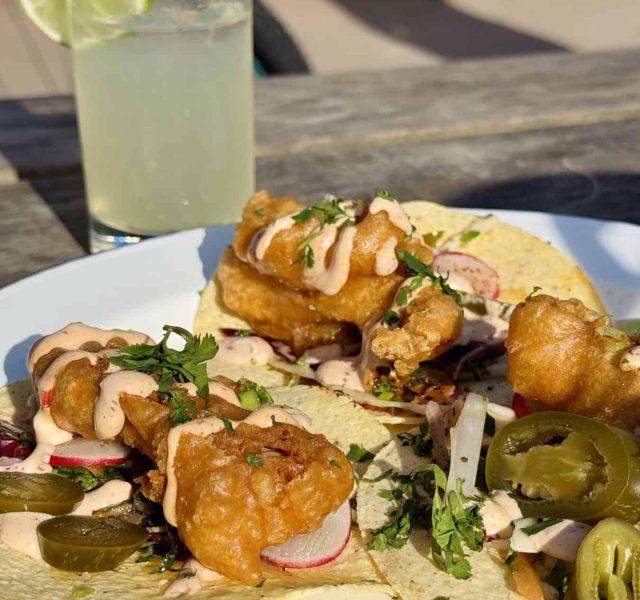Fish tacos and a margarita, photo taken outside of our café